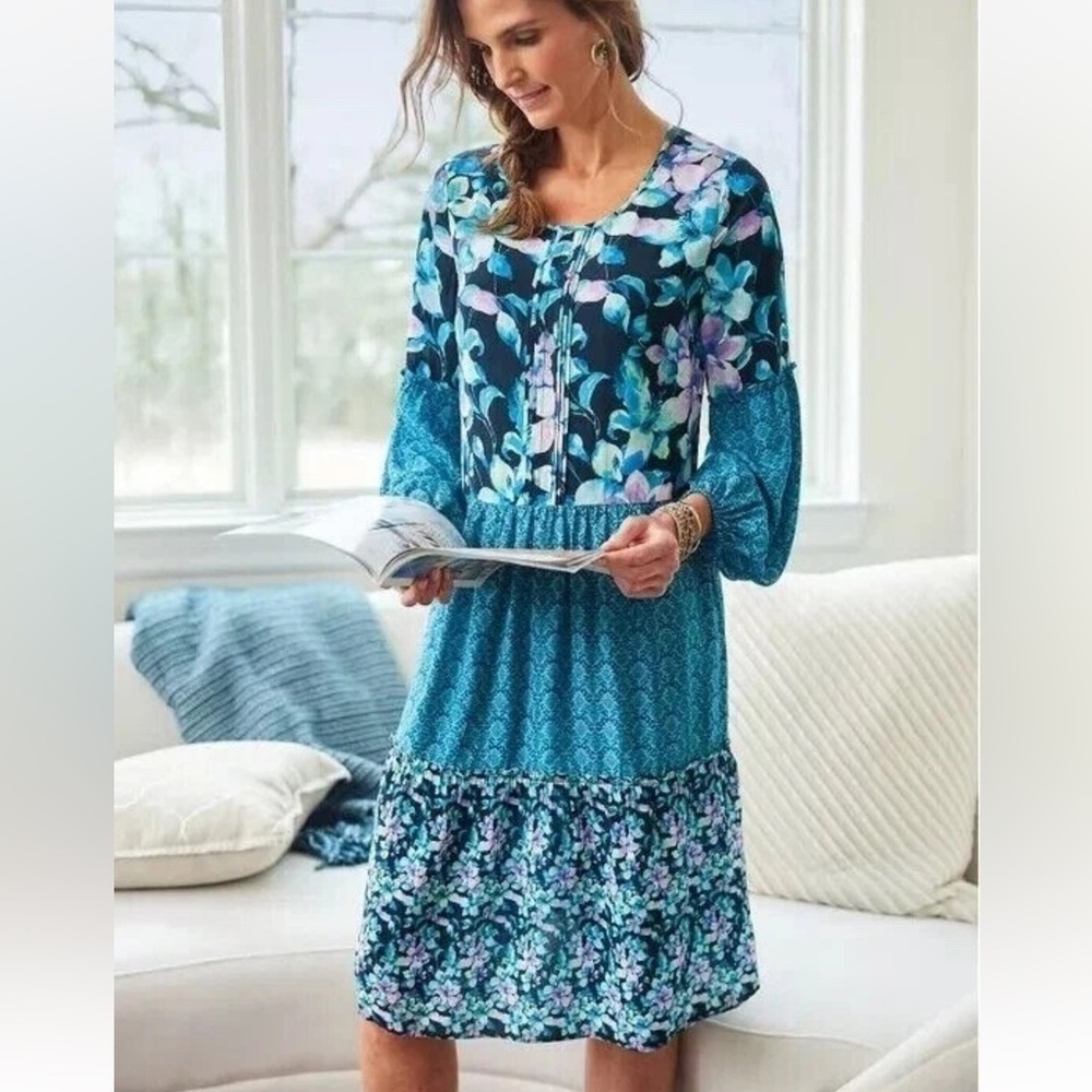 Soft Surroundings Floral Long Sleeve Dress women S Blue boho mixt print festival